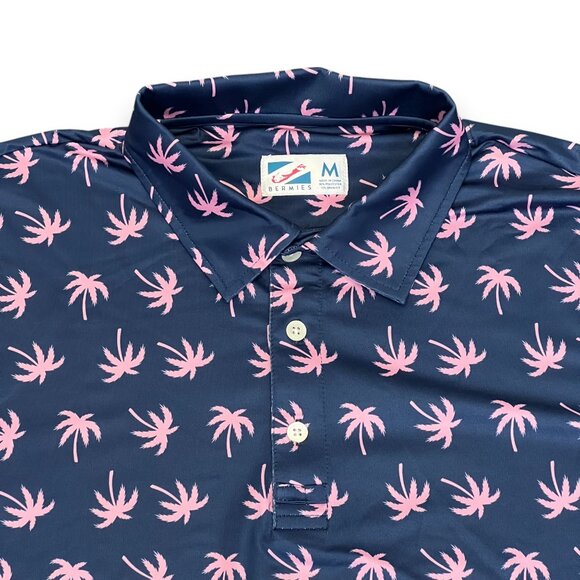 Bermies Men's Navy & Pink Palm Tree Polo Size Medium - Picture 2 of 5